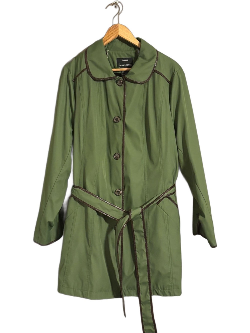 Dennis Basso Olive Green Jacket / Brown Lined Edges, Coat w Zip Out Lining Sz XL